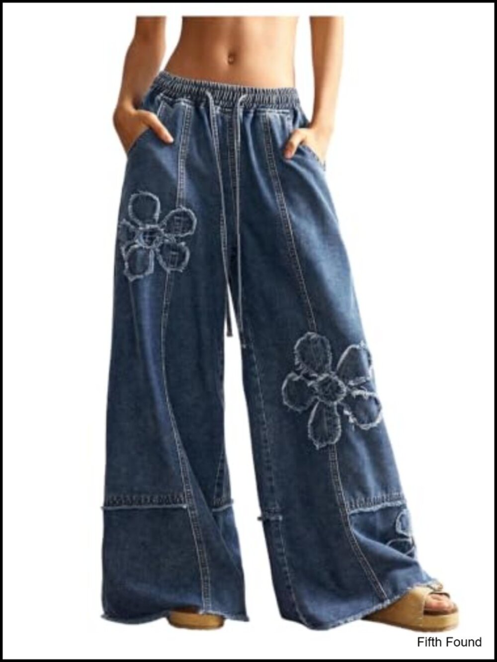 Womens Baggy Wide Leg Jeans Low Rise Drawstring Waist Loose Fit Floral Denim